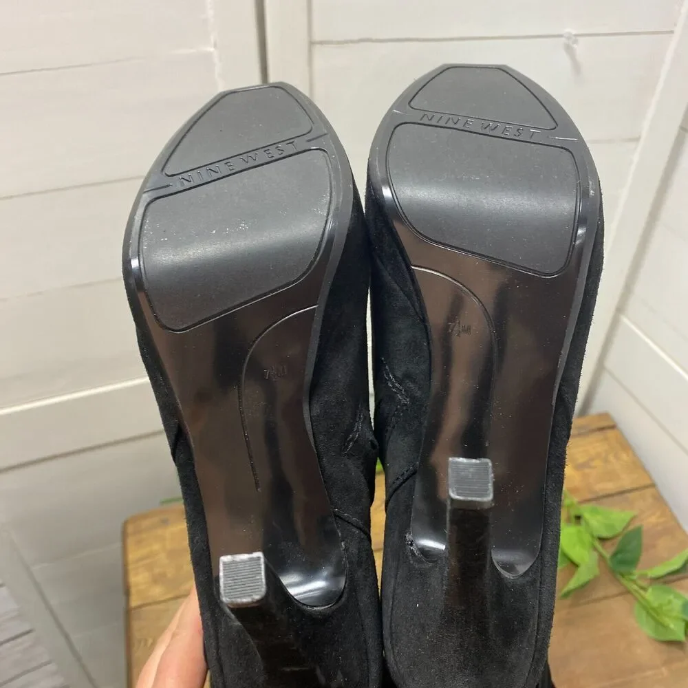 Nine West Over The Knee BLACK SUEDE Leather Fringe Stiletto Heels Boots 7 1/2